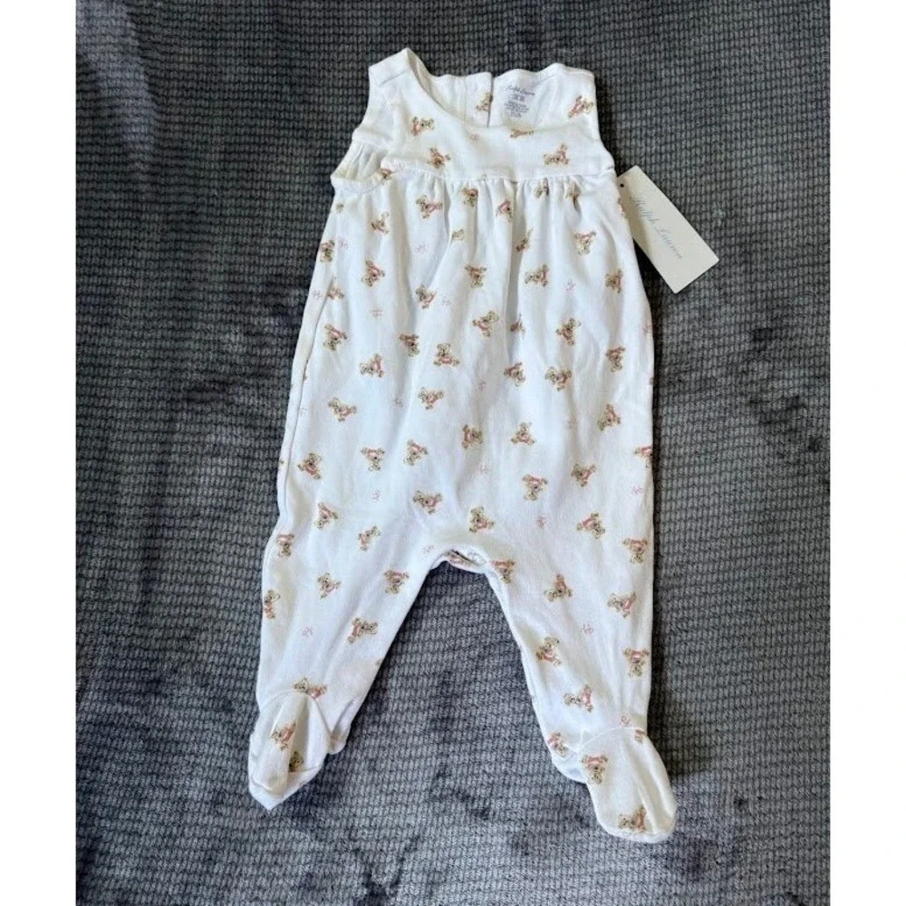 Ralph Lauren Baby Girl Polo Bear Footed Coverall White Pink 3M NWT